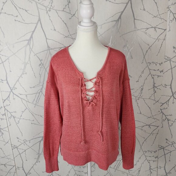 LOFT Coral Pink Ramie Cotton Blend Knit Lace Up Front Sweater - Picture 1 of 6